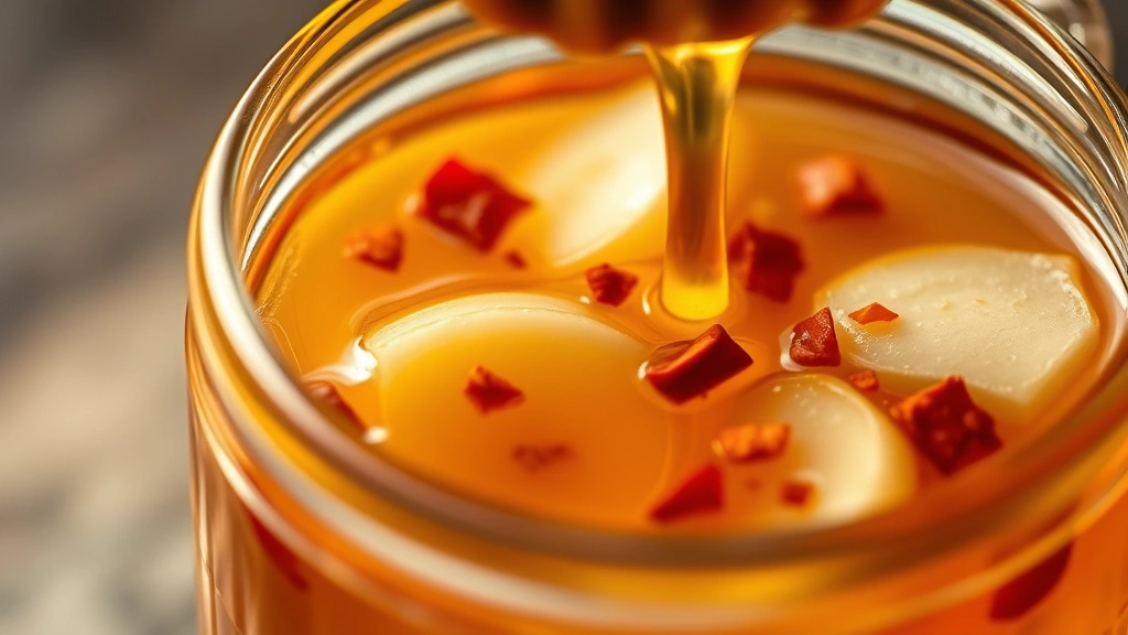 detail: close-up of fire honey with visible red pepper flakes and garlic slices suspended throughout the golden honey in a glass jar, photorealistic, natural golden hour light, no text