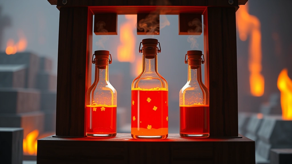 hero: Minecraft Fire Resistance Potion bottles glowing orange-red in a Brewing Stand with Nether background, photorealistic, natural light, no text