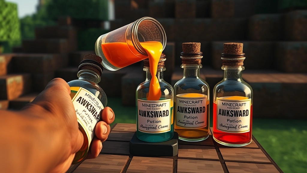 process: Minecraft player adding Magma Cream to Brewing Stand with three Awkward Potion bottles, photorealistic, natural light, no text