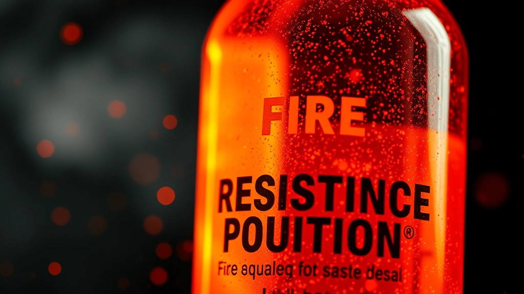detail: close-up of Fire Resistance Potion bottle with orange glow effect and particle effects around it, photorealistic, natural light, no text