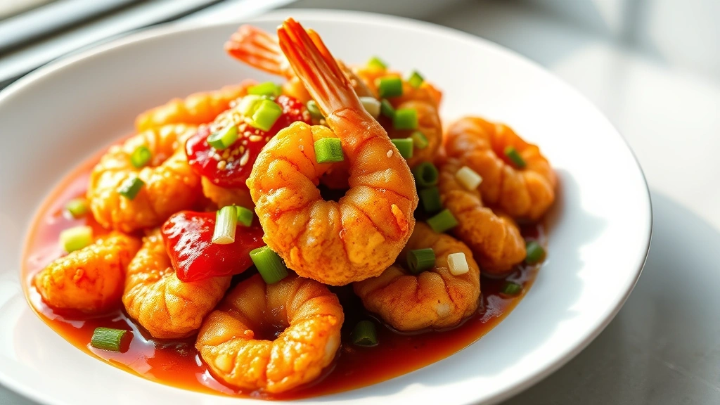 hero: golden crispy firecracker shrimp tossed in glossy sweet spicy red sauce, garnished with sesame seeds and green onions on white plate, natural window light, professional food photography