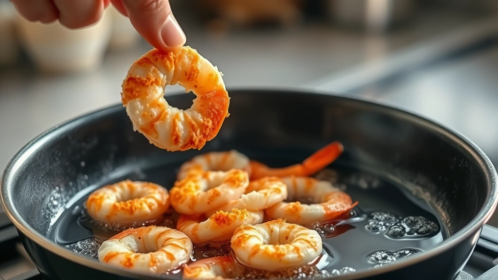 process: shrimp being carefully placed into bubbling hot oil in deep skillet, golden breaded coating, steam rising, natural kitchen lighting
