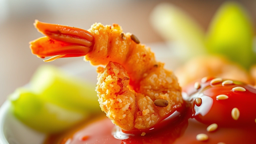 detail: close-up of single firecracker shrimp showing crispy panko coating, glossy red sauce, sesame seed garnish, shallow depth of field, warm natural light