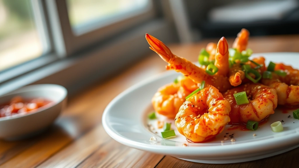 hero: firecracker shrimp on white ceramic plate with sesame seeds and green onions, glossy spicy sauce coating, natural window light from left, shallow depth of field, professional food photography