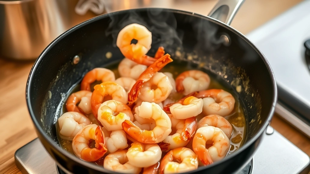 process: shrimp being tossed in pan with golden sauce, butter glistening, garlic visible, action shot mid-toss, natural kitchen lighting, steam rising