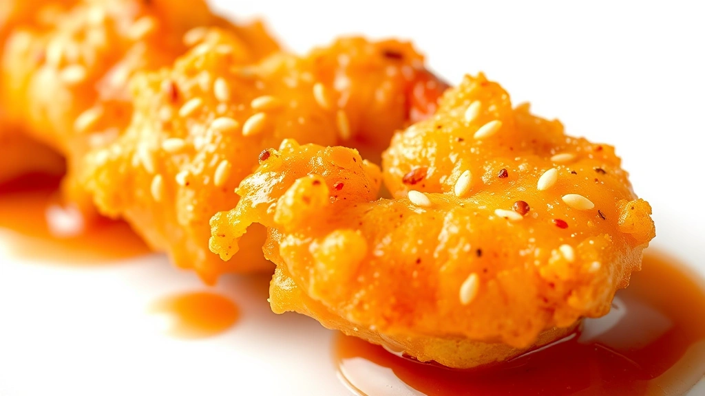 detail: close-up macro shot of single firecracker shrimp showing crispy golden coating texture, sesame seed detail, sauce gloss, white background, studio lighting