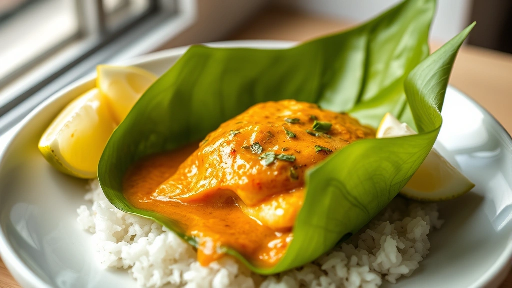 hero: golden coconut fish amok curry wrapped in vibrant green banana leaves, artfully plated on white ceramic with jasmine rice and lime wedges, soft natural window light, shallow depth of field, food photography style