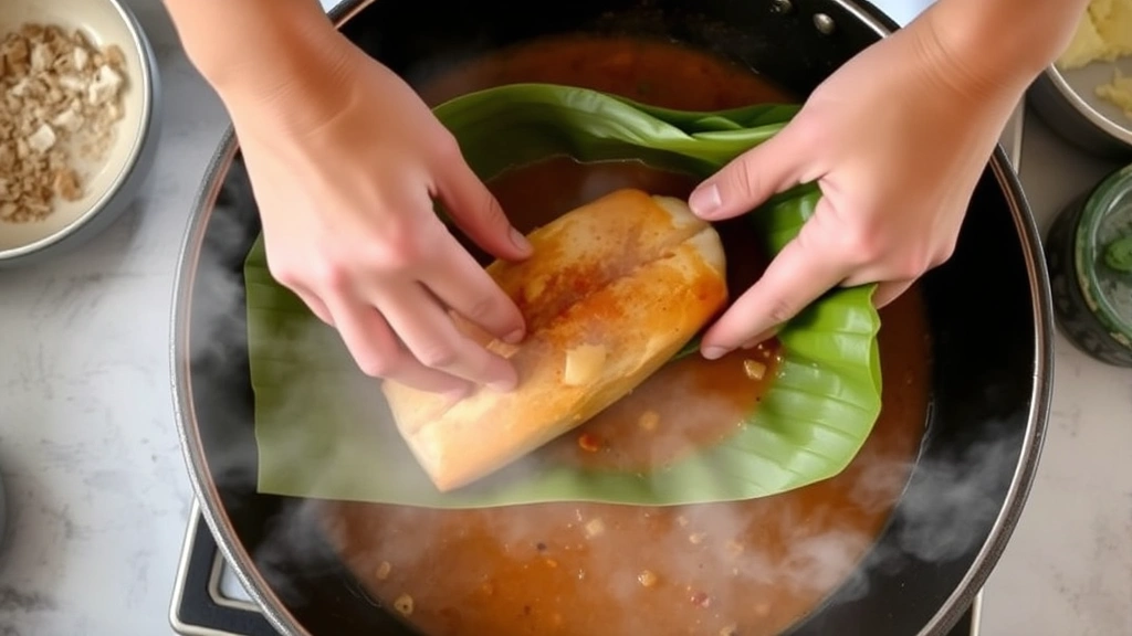 process: hands carefully folding banana leaf around fish and curry sauce, active cooking moment, steam visible, natural kitchen lighting, close-up overhead angle
