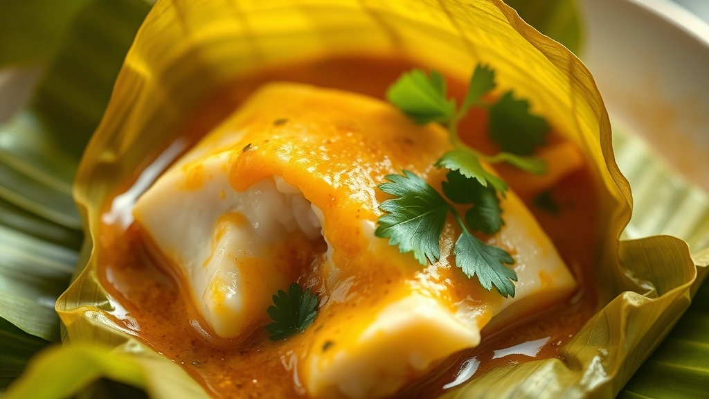 detail: close-up of opened banana leaf package revealing tender white fish in silky golden curry sauce, garnished with fresh cilantro and Thai basil, macro photography, warm natural light
