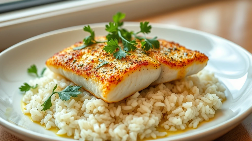 hero: perfectly cooked white fish fillet with golden crust served over fluffy jasmine rice with fresh herbs and lemon-herb butter, photorealistic, natural window light, professional plating, no text