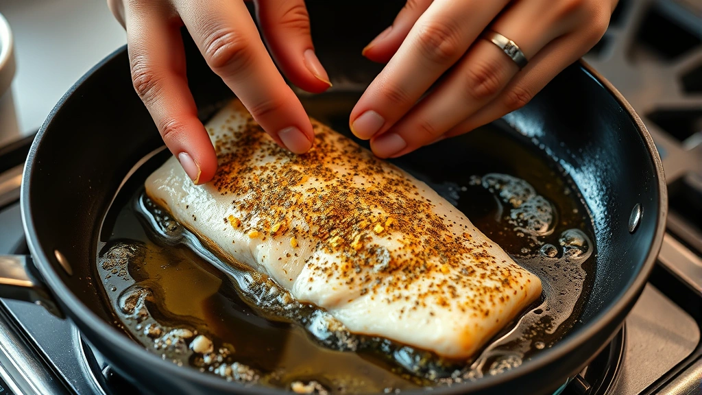 process: hands gently placing seasoned fish fillet into hot skillet with shimmering olive oil, golden crust forming, photorealistic, warm kitchen lighting, no text