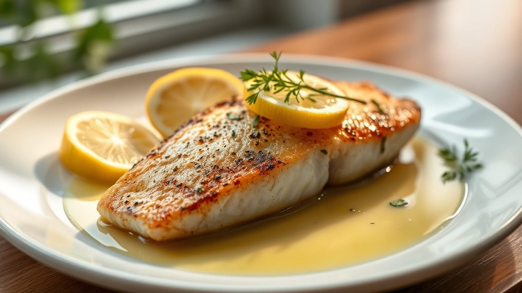 hero: perfectly golden pan-seared fish fillet with lemon slices and fresh herbs on white plate, warm butter sauce pooling around it, natural window light, shallow depth of field, professional food photography