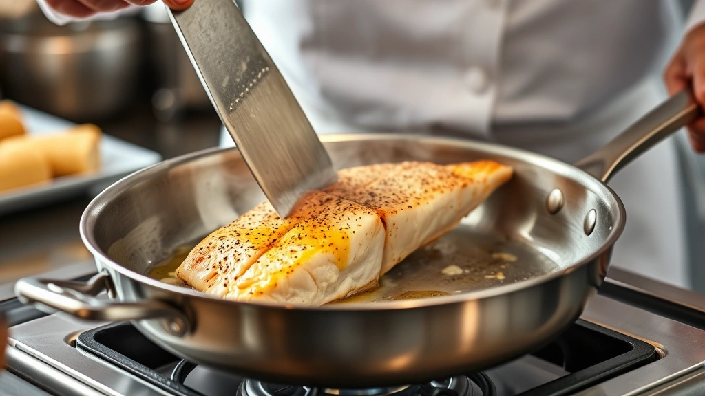 process: chef flipping golden fish fillet in stainless steel skillet with butter and garlic, steam rising, action shot, natural kitchen lighting, close-up perspective