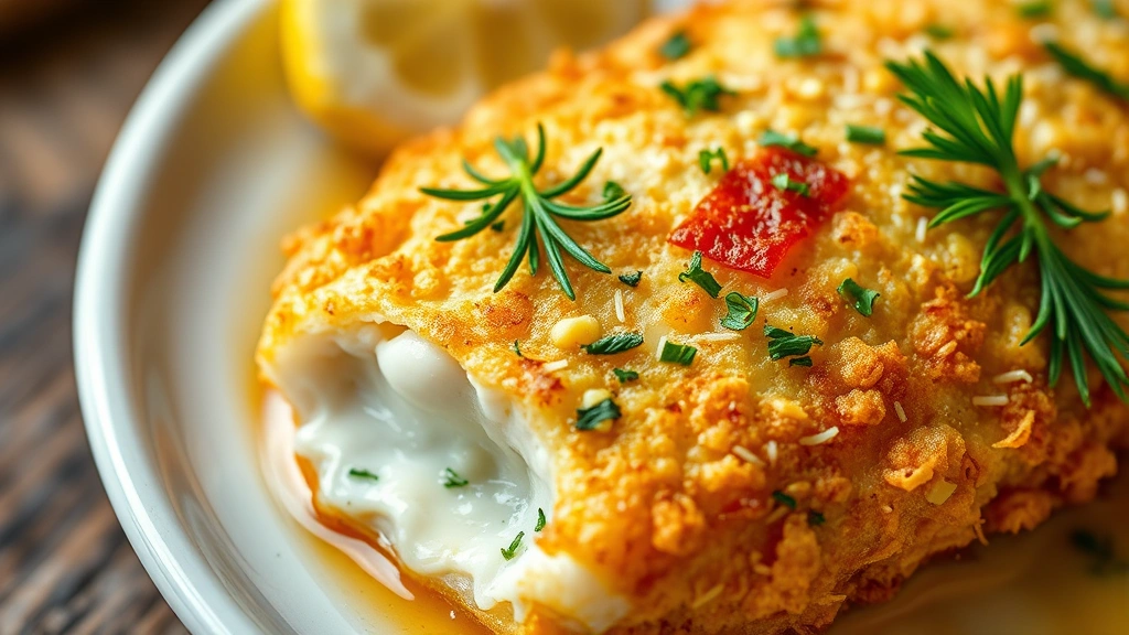 detail: close-up of golden crispy fish crust with fresh dill and parsley garnish, lemon zest visible, buttery sauce coating, macro photography, warm natural light, professional plating