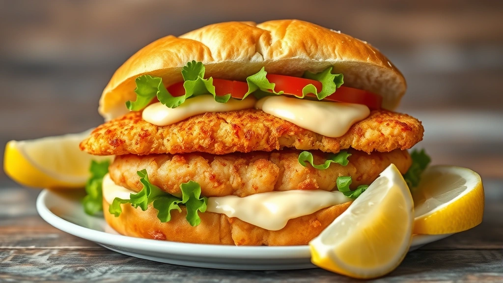 hero: perfectly golden crispy fish sandwich on toasted bun with tartar sauce, lettuce and tomato, served with lemon wedges, photorealistic, natural daylight, no text, appetizing presentation