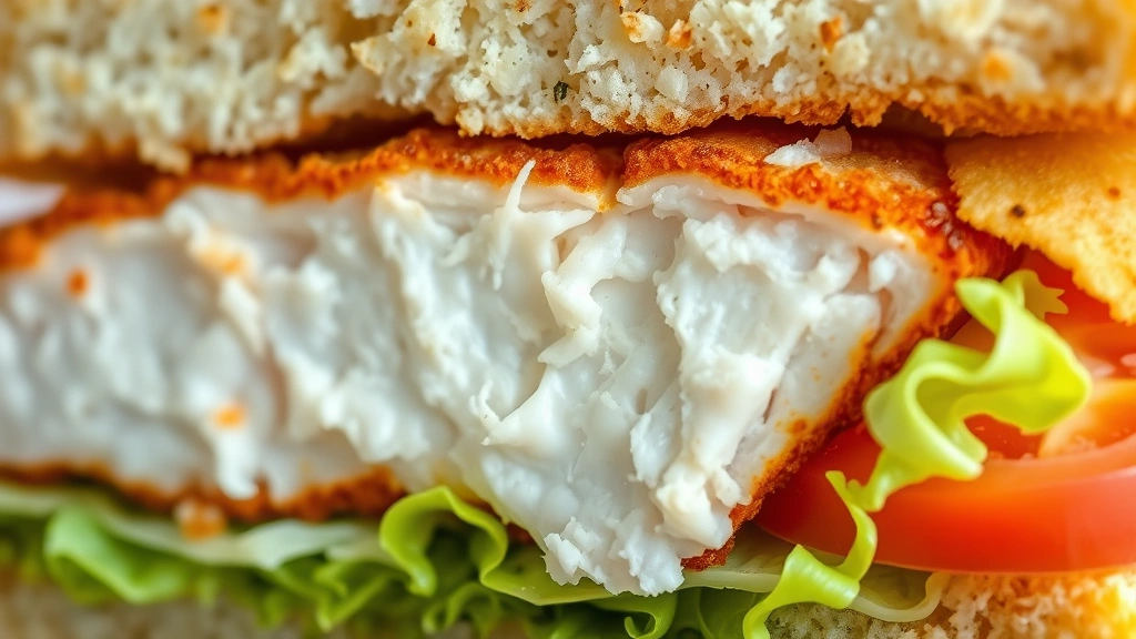 detail: close-up cross-section of fish sandwich showing crispy golden coating and flaky white fish interior, fresh lettuce and tomato visible, photorealistic macro photography, natural light, no text
