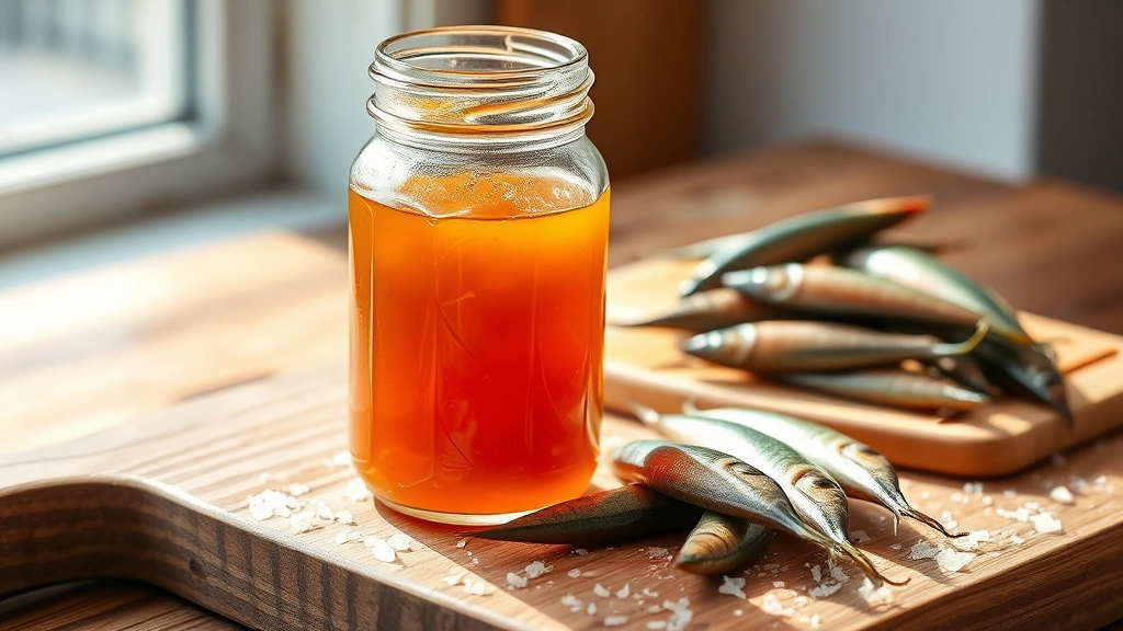 hero: glass jar filled with clear amber fish sauce, fresh anchovies on cutting board beside it, sea salt crystals scattered around, natural window light, wooden table background, artisanal food styling