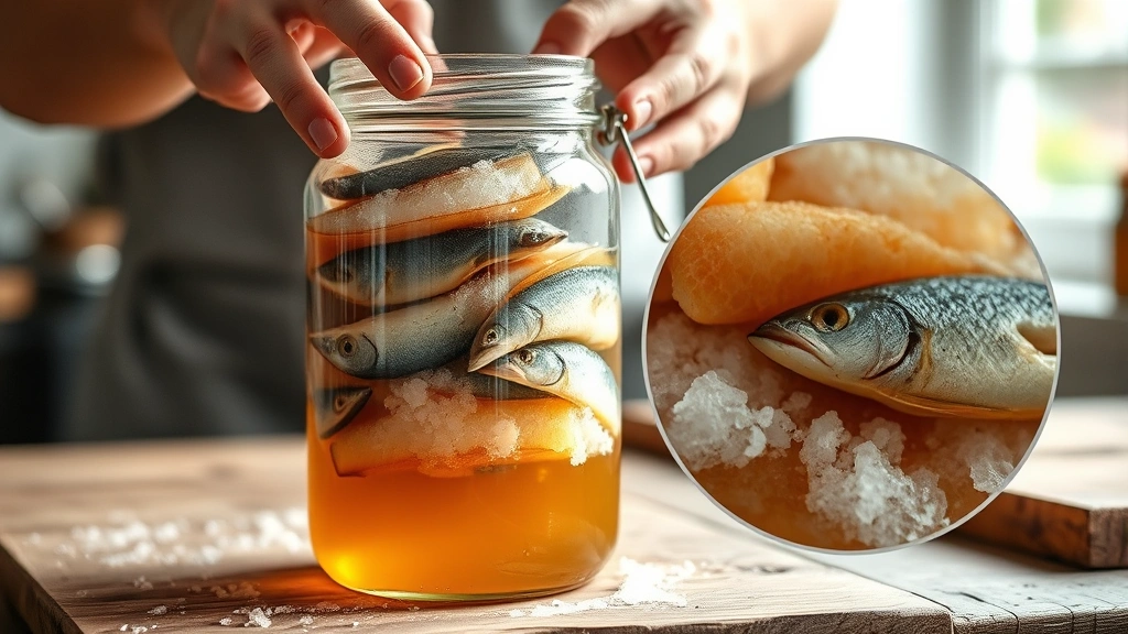 process: hands layering fresh fish and sea salt in glass jar, close-up of fermentation layers, amber liquid pooling, natural kitchen light, rustic wooden counter