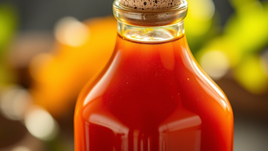 detail: close-up of finished amber-colored fish sauce in glass bottle, sunlight shining through the liquid, cork stopper, shallow depth of field, artistic food photography