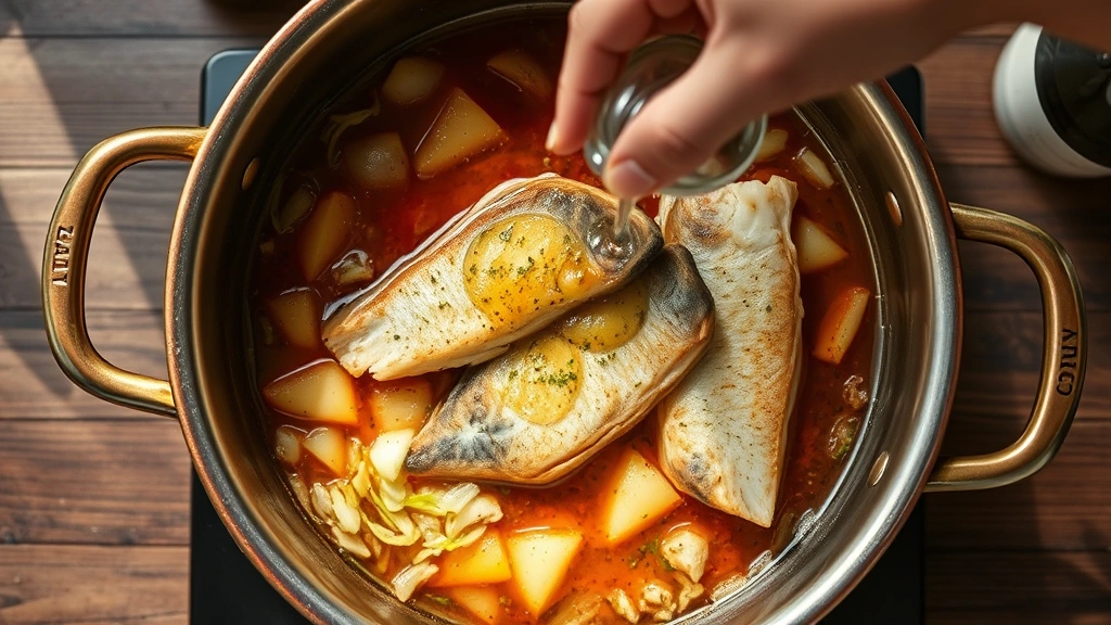 process: hand stirring fish stew in a copper pot, fennel and onions visible, white wine being added, afternoon kitchen light, overhead angle, photorealistic, no text