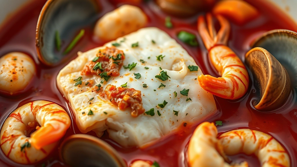 detail: close-up of fish stew showing tender cod, clams, shrimp, and fresh herbs in rich tomato broth, shallow depth of field, golden hour lighting, photorealistic, no text