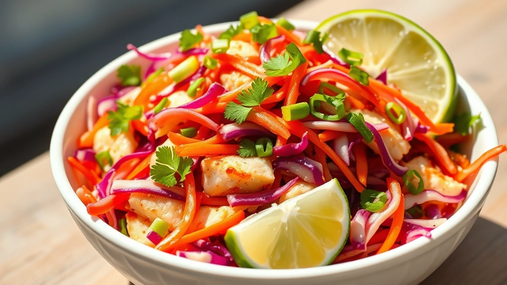 hero: colorful fish taco slaw with red and green cabbage, carrots, cilantro in a white bowl, topped with fresh lime wedges and green onions, photorealistic, natural bright sunlight, no text, vibrant colors, appetizing