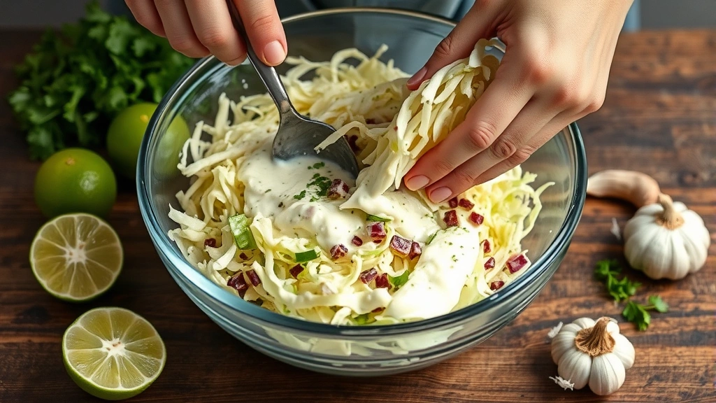 process: hands tossing shredded cabbage with creamy dressing in a large glass mixing bowl, fresh lime and garlic visible nearby, photorealistic, natural kitchen light, no text, action shot