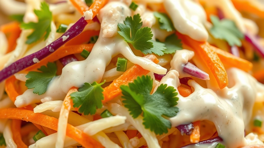 detail: close-up macro shot of fish taco slaw showing shredded cabbage texture, carrots, cilantro, and creamy dressing coating, photorealistic, natural light highlighting colors, no text, shallow depth of field