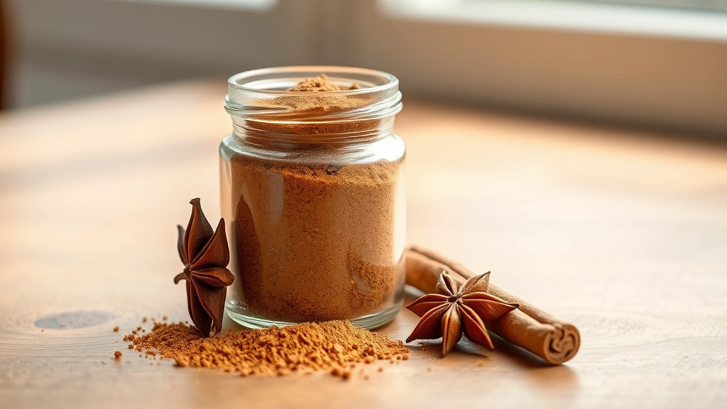 hero: finished five spice powder in glass jar with whole star anise and cinnamon stick beside it, photorealistic, warm natural window light, wooden surface, no text