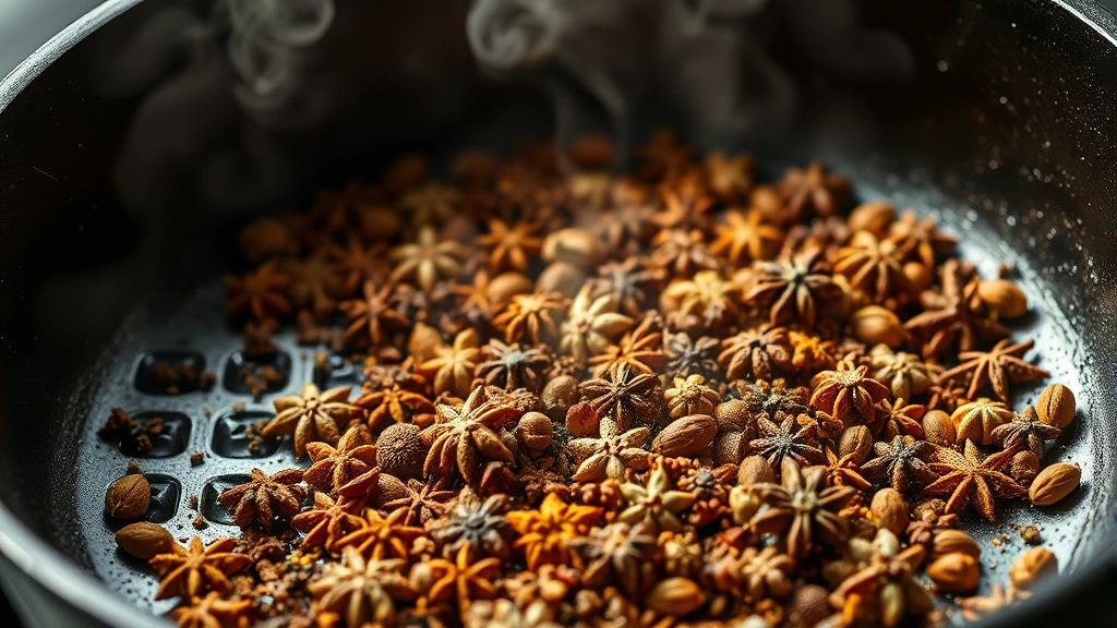 process: toasting whole spices in cast iron skillet with visible steam rising, photorealistic, bright natural light, close enough to see individual spices, no text