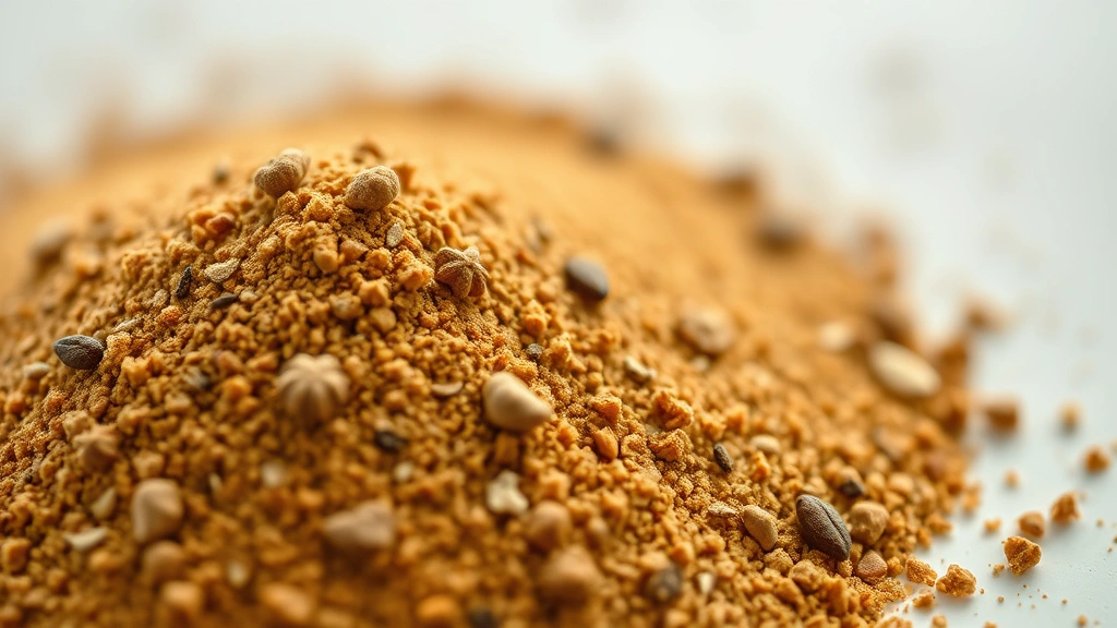 detail: close-up macro shot of ground five spice powder texture with individual spice particles visible, photorealistic, soft natural light, shallow depth of field, no text