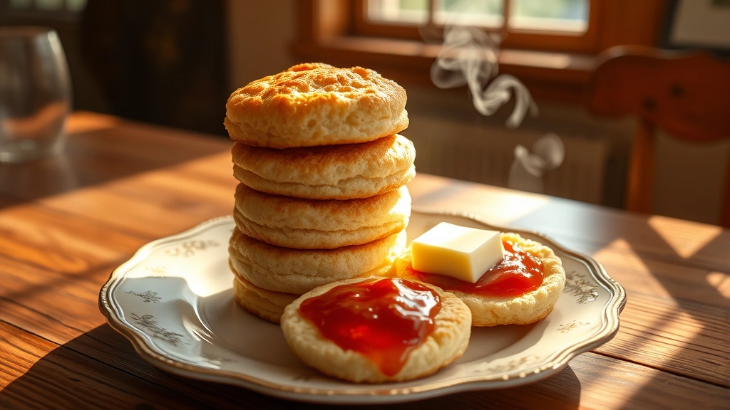 hero: golden-brown flaky biscuits stacked on a vintage plate with melting butter and fresh jam, warm morning sunlight streaming across wooden farmhouse table, steam rising slightly from warm biscuits, photorealistic, natural light, no text