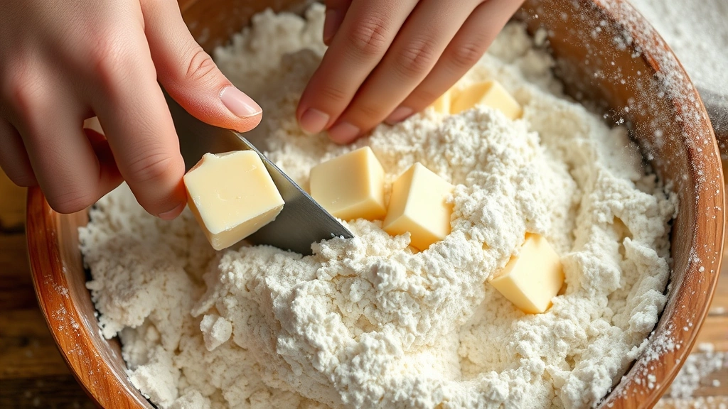 process: hands cutting cold butter into flour mixture with pastry cutter, showing coarse breadcrumb texture with visible butter pieces, flour dust in air, wooden bowl, photorealistic, natural light, no text