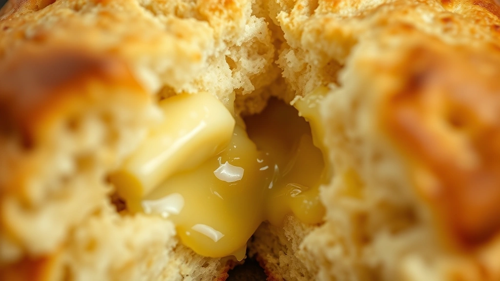detail: close-up cross-section of split warm biscuit showing distinct flaky layers separating, melting butter pooling inside, golden-brown exterior, shallow depth of field, photorealistic, natural light, no text