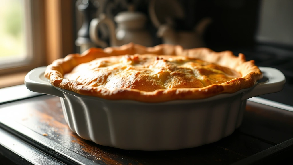 hero: golden brown flaky pie crust in ceramic dish, fresh from oven, steam rising, natural morning light from window, shallow depth of field, no text