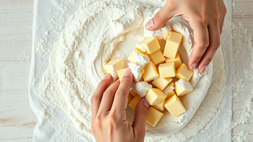 process: hands working cold butter into flour mixture showing visible butter pieces, overhead shot, natural light, flour dusting work surface, no text