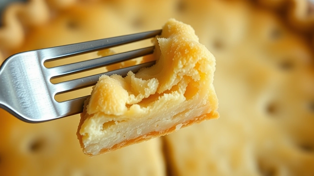 detail: close-up cross-section of baked pie crust showing distinct flaky layers, fork holding piece, natural daylight, macro photography, no text