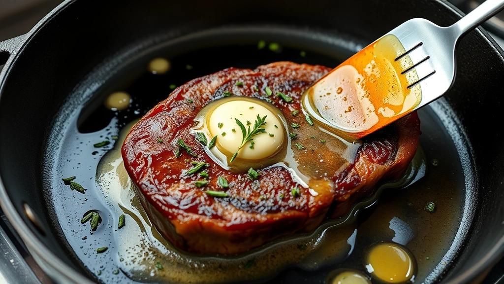 process: cast iron skillet with sizzling flap steak being basted with herb butter and garlic, butter foaming around meat, photorealistic, natural light, no text