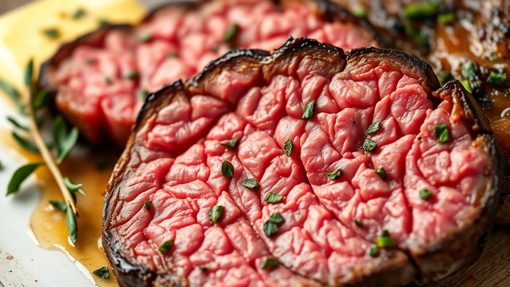 detail: close-up macro shot of sliced flap steak showing perfect medium-rare doneness and tender grain structure, glistening with pan juices and herb butter, photorealistic, natural light, no text