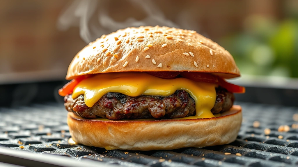 hero: perfectly cooked flat top grill burger with melted cheese and toppings on toasted bun, close-up side angle, photorealistic, natural outdoor light, no text, steam visible