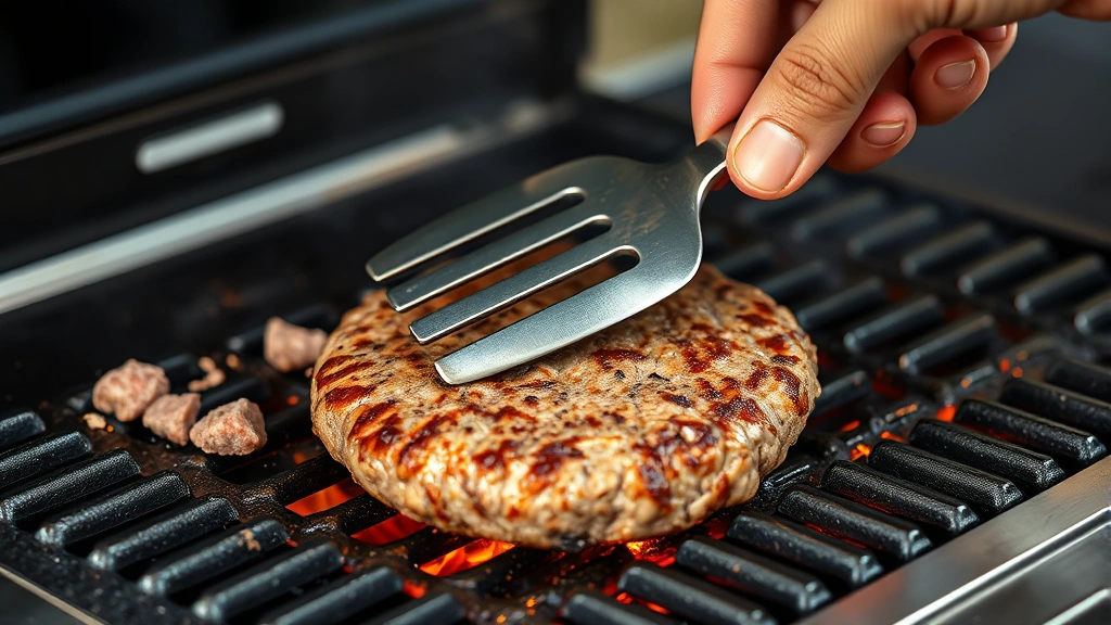process: hand using metal spatula to smash burger patty on hot flat top grill, meat sizzling, showing the smash technique in action, photorealistic, natural light, no text