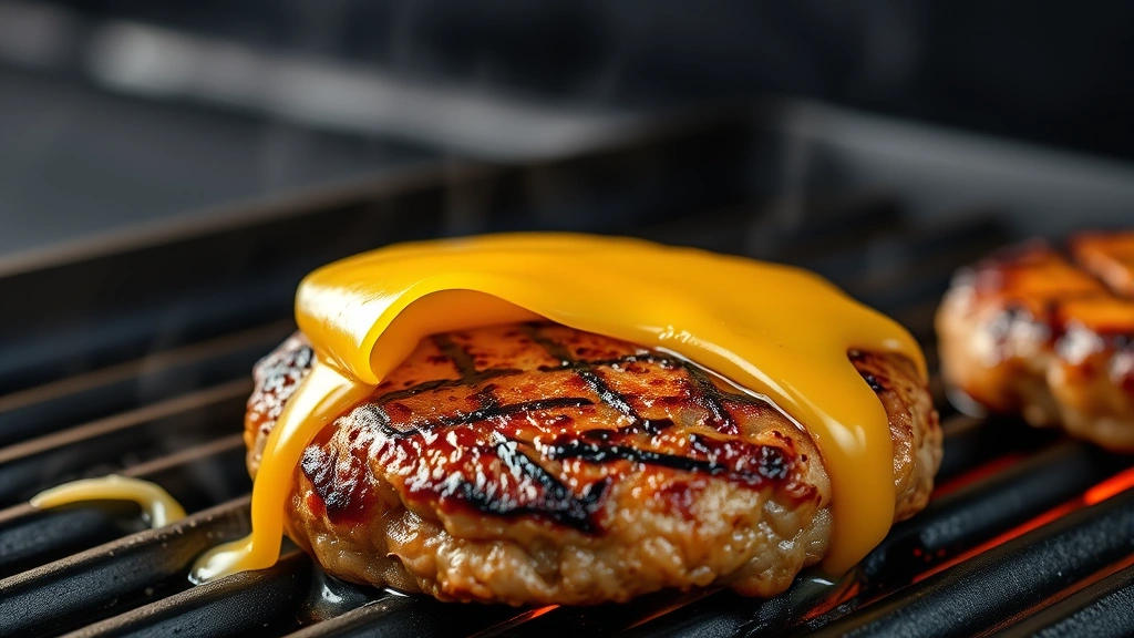 detail: close-up of melted American cheese draped over hot burger patty on flat top grill, showing caramelized crust and char marks, photorealistic, natural light, no text