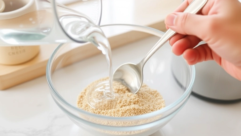 process: pouring water into ground flaxseed in clear glass bowl, spoon mid-stir, captured mid-action, natural soft lighting, clean kitchen counter background