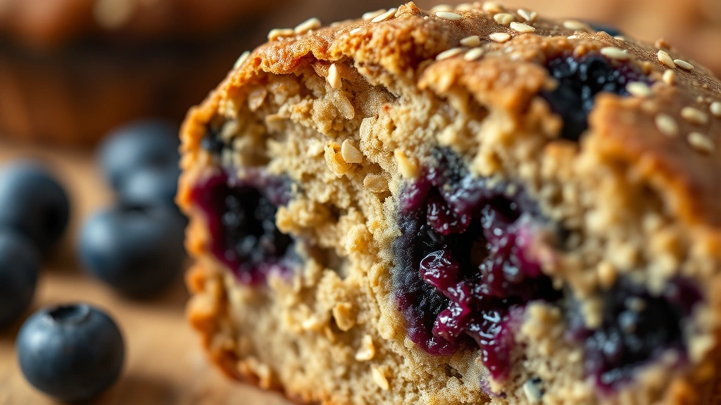 detail: extreme close-up of single warm muffin cross-section showing tender flaxseed-studded crumb with juicy blueberry burst, shallow depth of field, warm natural light, photorealistic, no text