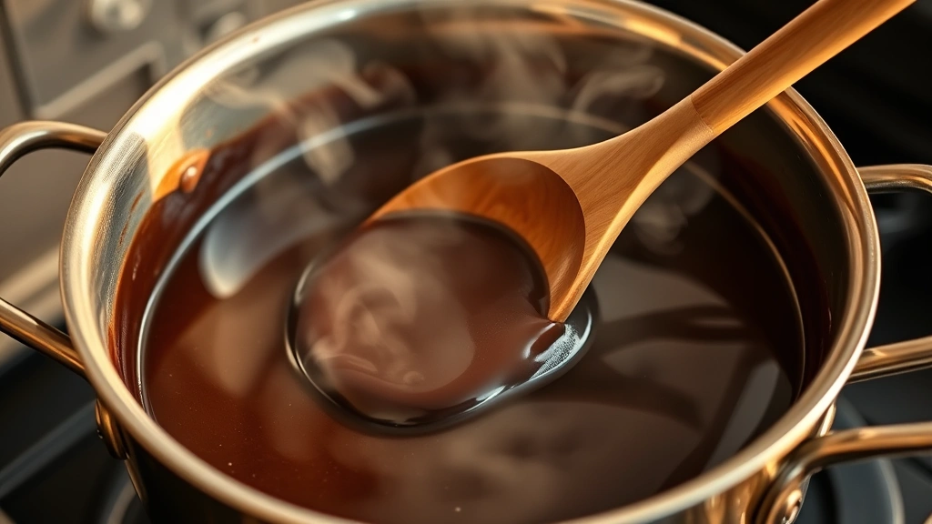 process: melting dark chocolate in double boiler with butter, steam rising, wooden spoon stirring, warm golden light, close-up angle, photorealistic, no text