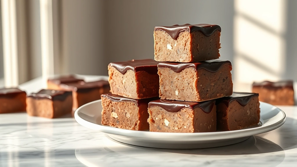 hero: homemade fluff fudge squares stacked and arranged on a marble surface, rich chocolate color with glossy chocolate topping, photorealistic, natural window light creating soft shadows, no text, elegant plating