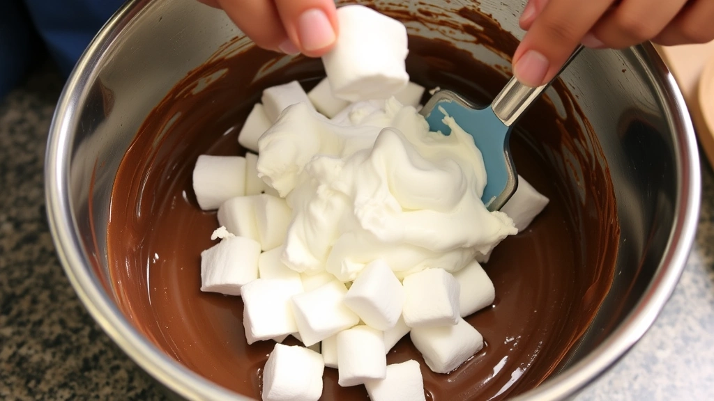 process: hands folding marshmallow fluff into chocolate mixture in a metal bowl with a spatula, creamy texture visible, photorealistic, natural bright kitchen lighting, no text, close perspective
