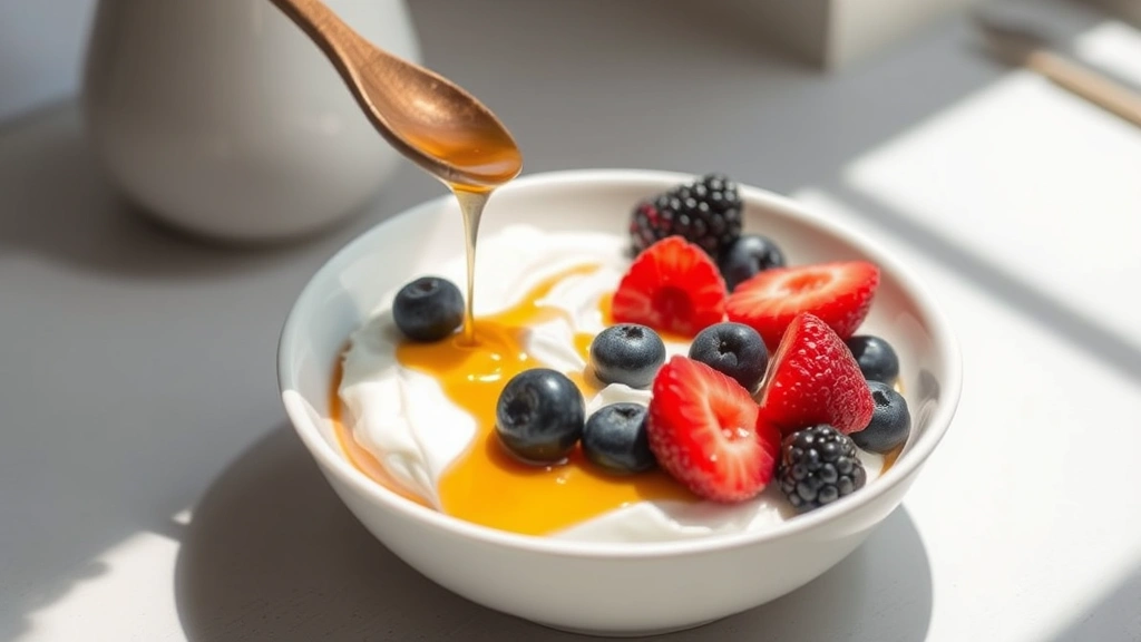 hero: creamy fluffy yogurt in a white bowl with honey drizzle and fresh berries on top, soft natural morning light, minimalist styling, no text visible