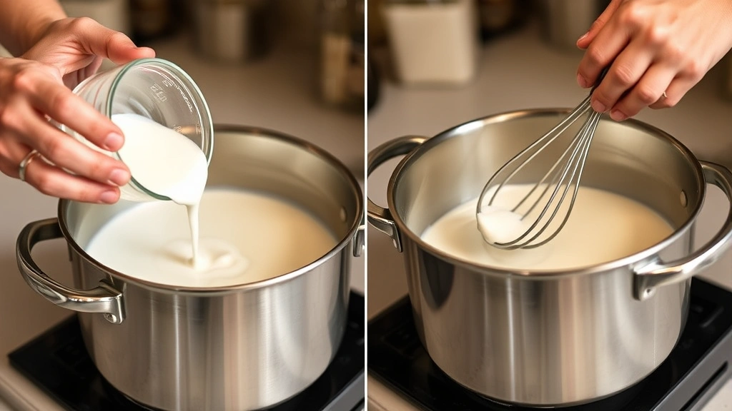 process: hands whisking Greek yogurt starter into cooled milk in a stainless steel pot, warm kitchen lighting, action shot