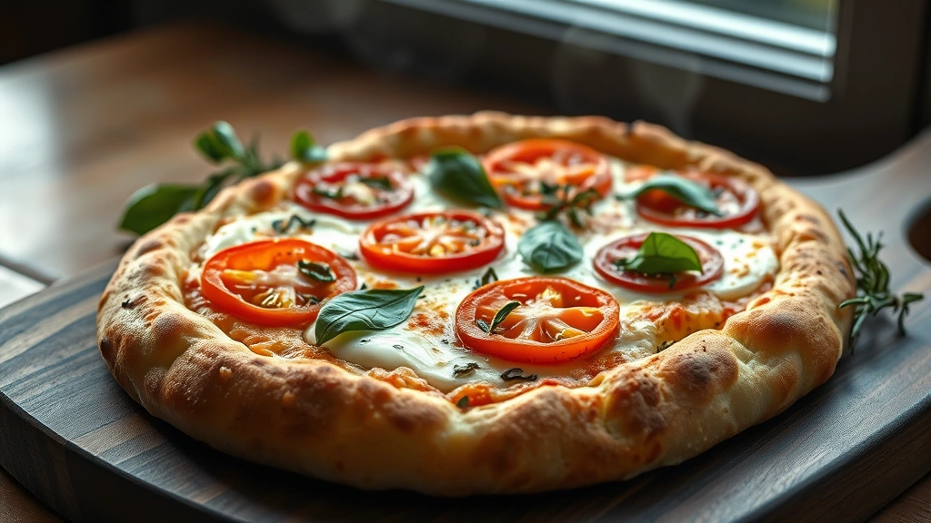 hero: golden focaccia pizza with melted mozzarella, fresh basil, sliced tomatoes, and rosemary, photorealistic, natural window light, slight steam rising, food styled on dark wooden board, no text